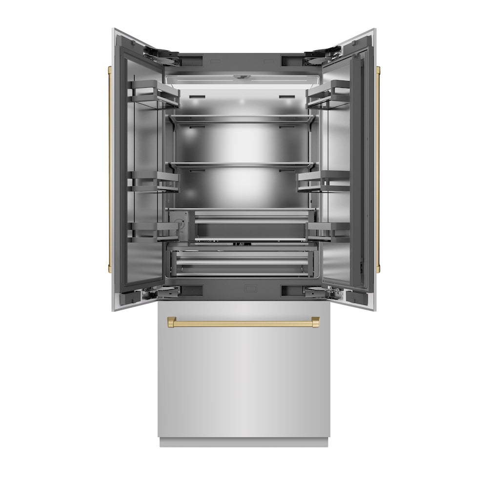 ZLINE Autograph Edition 36 in. 19.6 cu. ft. French Door Built-In Bottom Freezer Refrigerator with Water Dispenser and Ice Maker in Stainless Steel with Stainless Steel Interior and Champagne Bronze Accents (SRBIVZ-304-36CB) front, refrigeration compartment open.