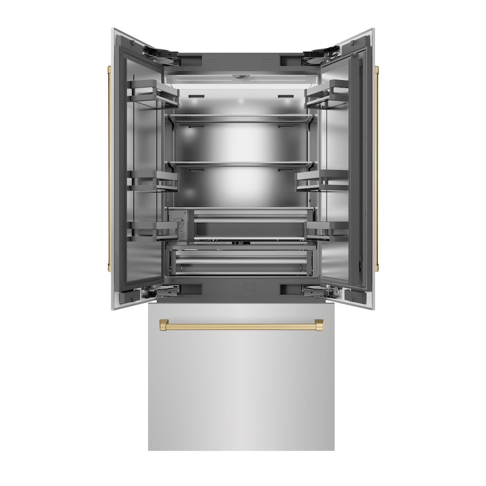 ZLINE Autograph Edition 36 in. 19.6 cu. ft. French Door Built-In Bottom Freezer Refrigerator with Water Dispenser and Ice Maker in Stainless Steel with Stainless Steel Interior and Champagne Bronze Accents (SRBIVZ-304-36CB) front, refrigeration compartment and bottom freezer drawer open.