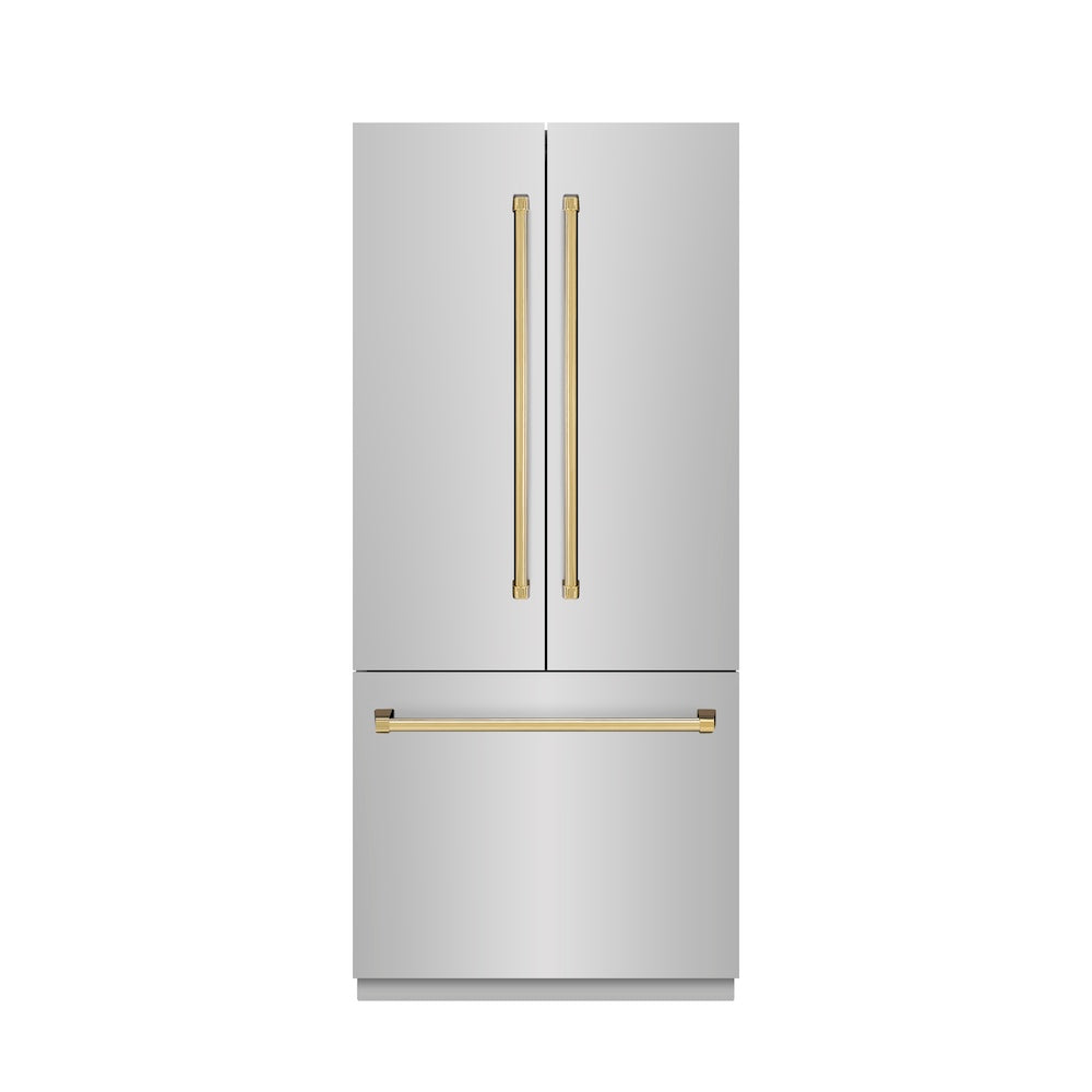 ZLINE Autograph Edition 36 in. 19.6 cu. ft. French Door Built-In Bottom Freezer Refrigerator with Water Dispenser and Ice Maker in Stainless Steel with Stainless Steel Interior and Polished Gold Accents (SRBIVZ-304-36G)