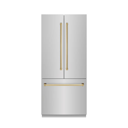 ZLINE Autograph Edition 36 in. 19.6 cu. ft. French Door Built-In Bottom Freezer Refrigerator with Water Dispenser and Ice Maker in Stainless Steel with Stainless Steel Interior and Polished Gold Accents (SRBIVZ-304-36G)