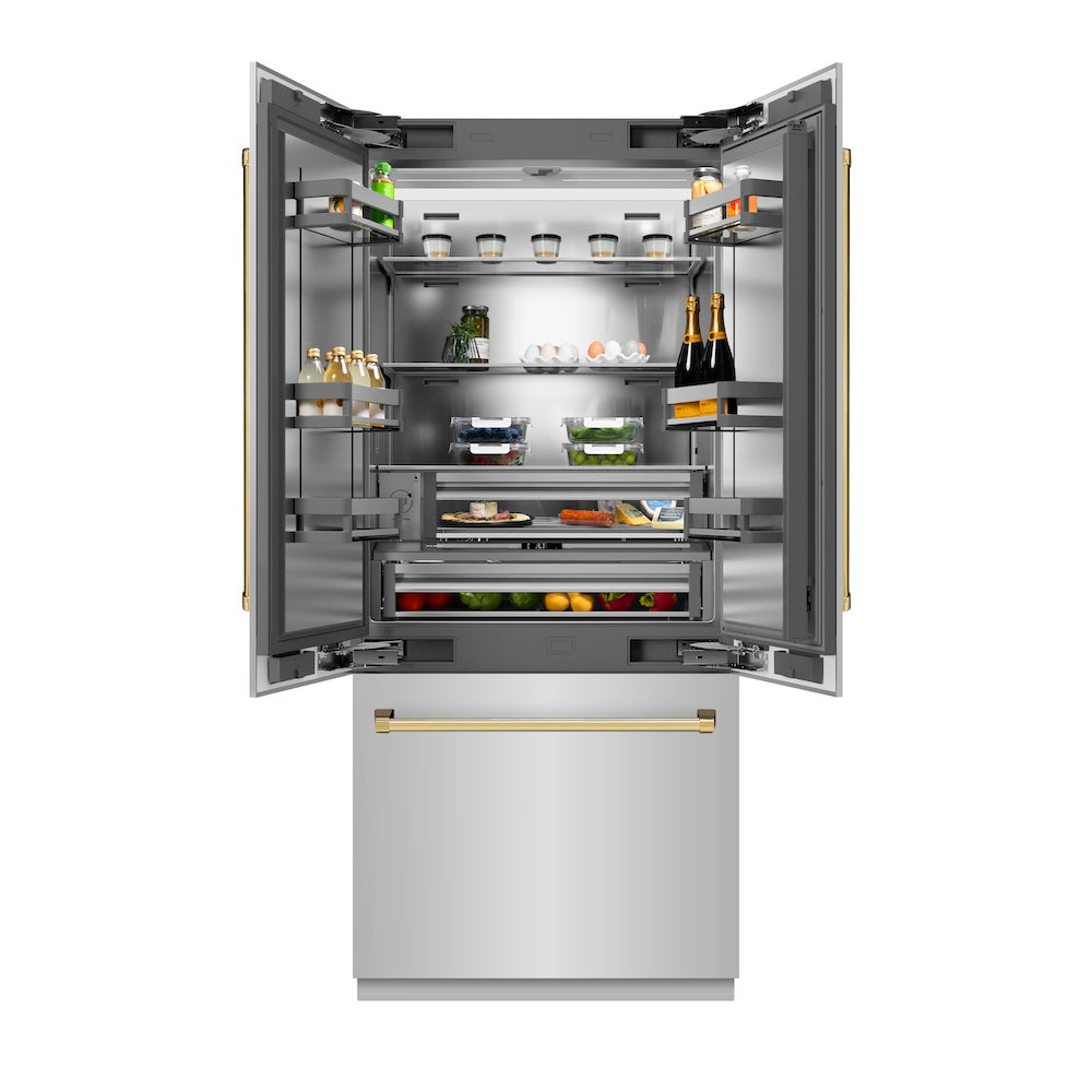 ZLINE Autograph Edition 36 in. 19.6 cu. ft. French Door Built-In Bottom Freezer Refrigerator with Water Dispenser and Ice Maker in Stainless Steel with Stainless Steel Interior and Polished Gold Accents (SRBIVZ-304-36G) front, refrigeration compartment open with food inside.