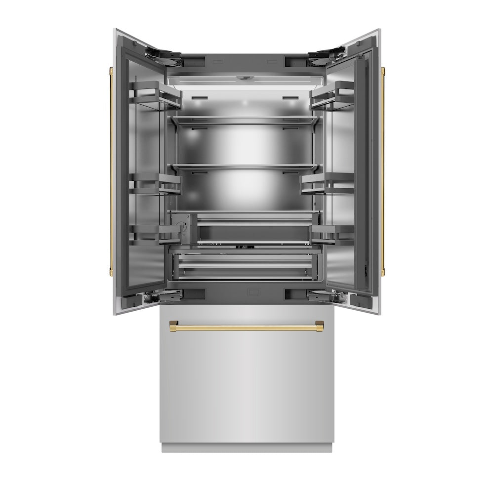 ZLINE Autograph Edition 36 in. 19.6 cu. ft. French Door Built-In Bottom Freezer Refrigerator with Water Dispenser and Ice Maker in Stainless Steel with Stainless Steel Interior and Polished Gold Accents (SRBIVZ-304-36G) front, refrigeration compartment open.