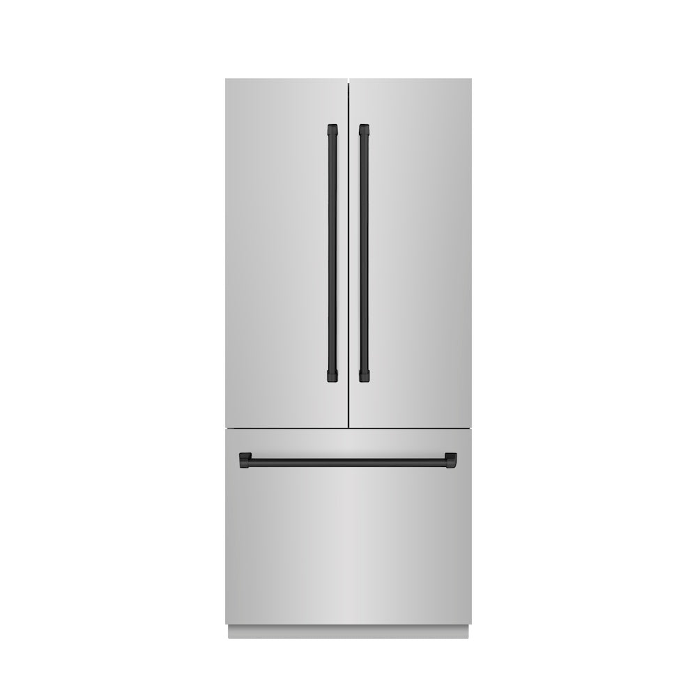 ZLINE Autograph Edition 36 in. 19.6 cu. ft. French Door Built-In Bottom Freezer Refrigerator with Water Dispenser and Ice Maker in Stainless Steel with Stainless Steel Interior and Matte Black Accents (SRBIVZ-304-36MB)