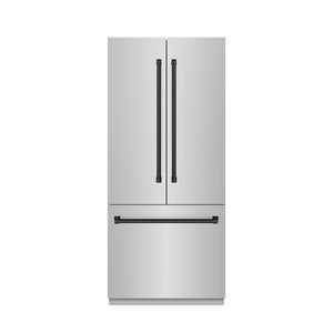 ZLINE Autograph Edition 36 in. 19.6 cu. ft. French Door Built-In Bottom Freezer Refrigerator with Water Dispenser and Ice Maker in Stainless Steel with Stainless Steel Interior and Matte Black Accents (SRBIVZ-304-36MB) main image.