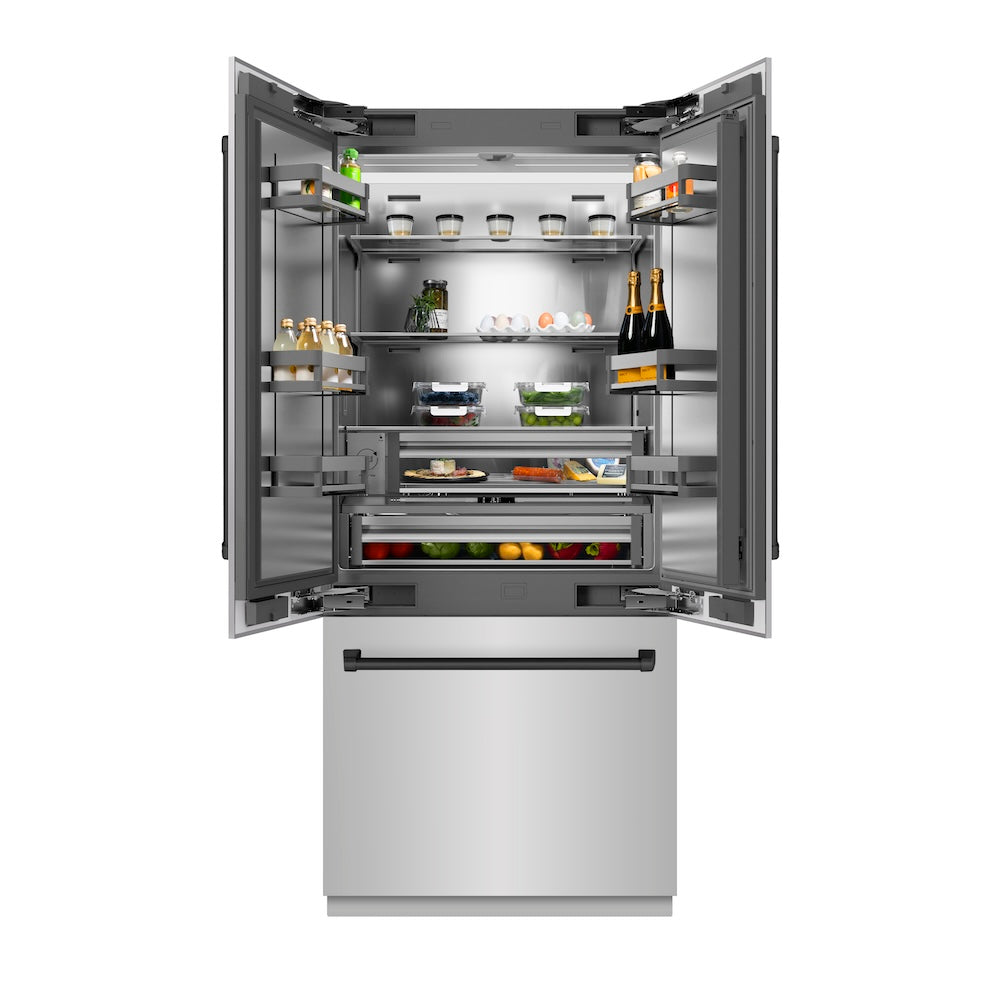 ZLINE Autograph Edition 36 in. 19.6 cu. ft. French Door Built-In Bottom Freezer Refrigerator with Water Dispenser and Ice Maker in Stainless Steel with Stainless Steel Interior and Matte Black Accents (SRBIVZ-304-36MB) front, refrigeration compartment open with food inside.