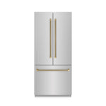 ZLINE Autograph Edition 36 in. 19.6 cu. ft. French Door Built-In Bottom Freezer Refrigerator with Water Dispenser and Ice Maker in Stainless Steel with Stainless Steel Interior and Champagne Bronze Helix Handles (SRBIVZ-30436KCB) front, closed.