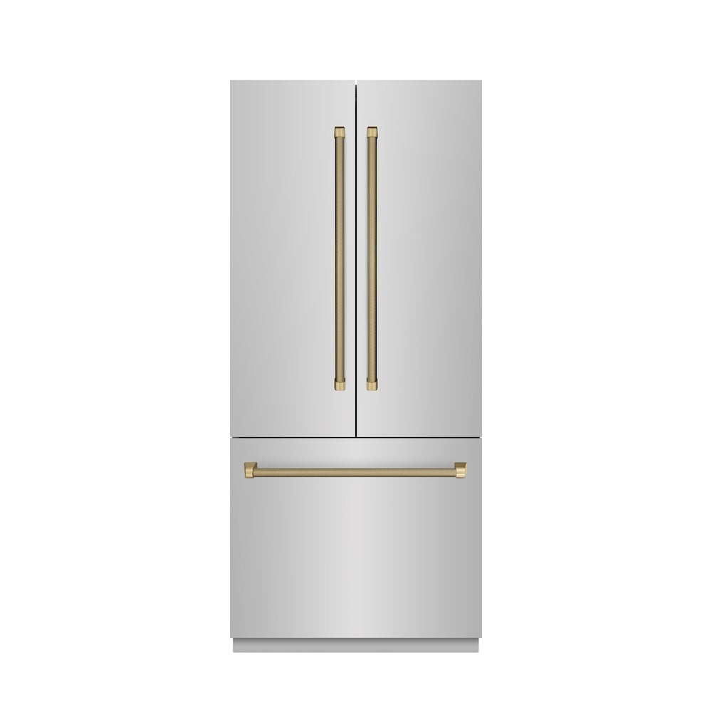 ZLINE Autograph Edition 36 in. 19.6 cu. ft. French Door Built-In Bottom Freezer Refrigerator with Water Dispenser and Ice Maker in Stainless Steel with Stainless Steel Interior and Champagne Bronze Helix Handles (SRBIVZ-30436KCB) front, closed.
