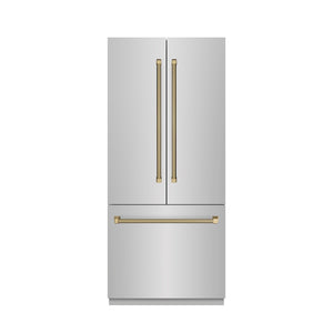 ZLINE Autograph Edition 36 in. 19.6 cu. ft. French Door Built-In Bottom Freezer Refrigerator with Water Dispenser and Ice Maker in Stainless Steel with Stainless Steel Interior and Champagne Bronze Helix Handles (SRBIVZ-30436KCB) main image.