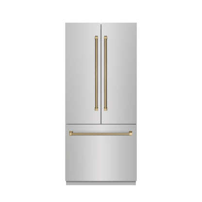 ZLINE Autograph Edition 36 in. 19.6 cu. ft. French Door Built-In Bottom Freezer Refrigerator with Water Dispenser and Ice Maker in Stainless Steel with Stainless Steel Interior and Champagne Bronze Helix Handles (SRBIVZ-30436KCB) front, closed.