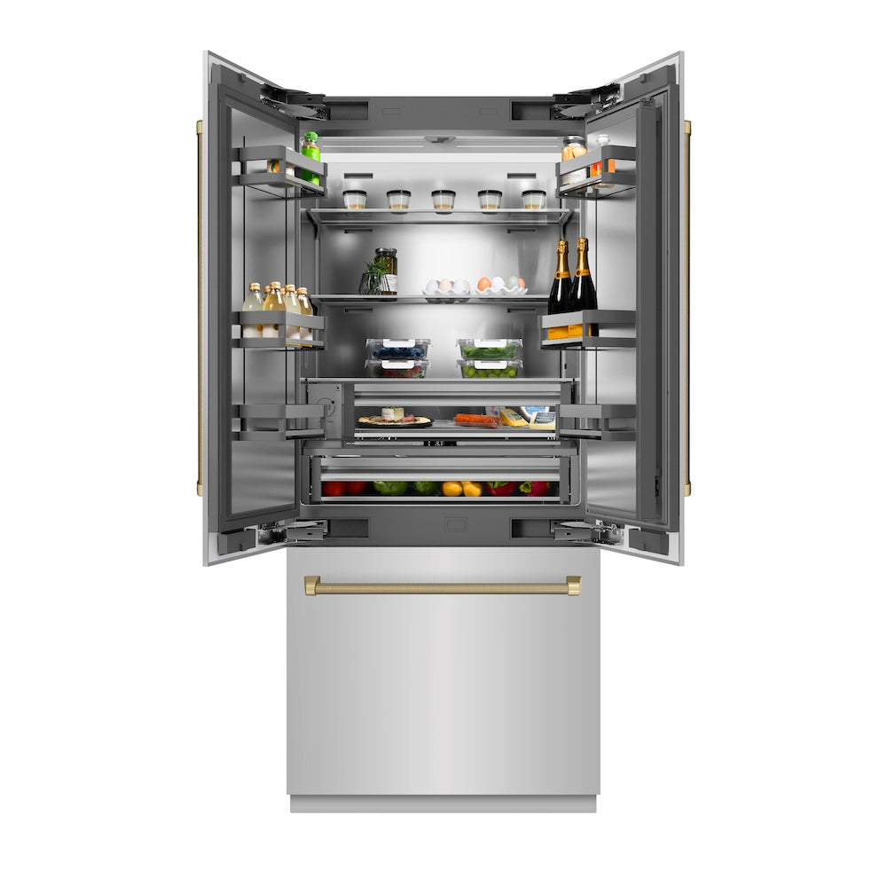 ZLINE Autograph Edition 36 in. 19.6 cu. ft. French Door Built-In Bottom Freezer Refrigerator with Water Dispenser and Ice Maker in Stainless Steel with Stainless Steel Interior and Champagne Bronze Helix Handles (SRBIVZ-30436KCB) front, open with various food and drink items on shelves and in door bins.