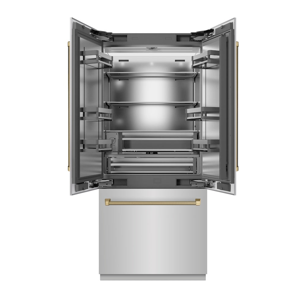 ZLINE Autograph Edition 36 in. 19.6 cu. ft. French Door Built-In Bottom Freezer Refrigerator with Water Dispenser and Ice Maker in Stainless Steel with Stainless Steel Interior and Champagne Bronze Helix Handles (SRBIVZ-30436KCB) front, refrigeration compartment open.