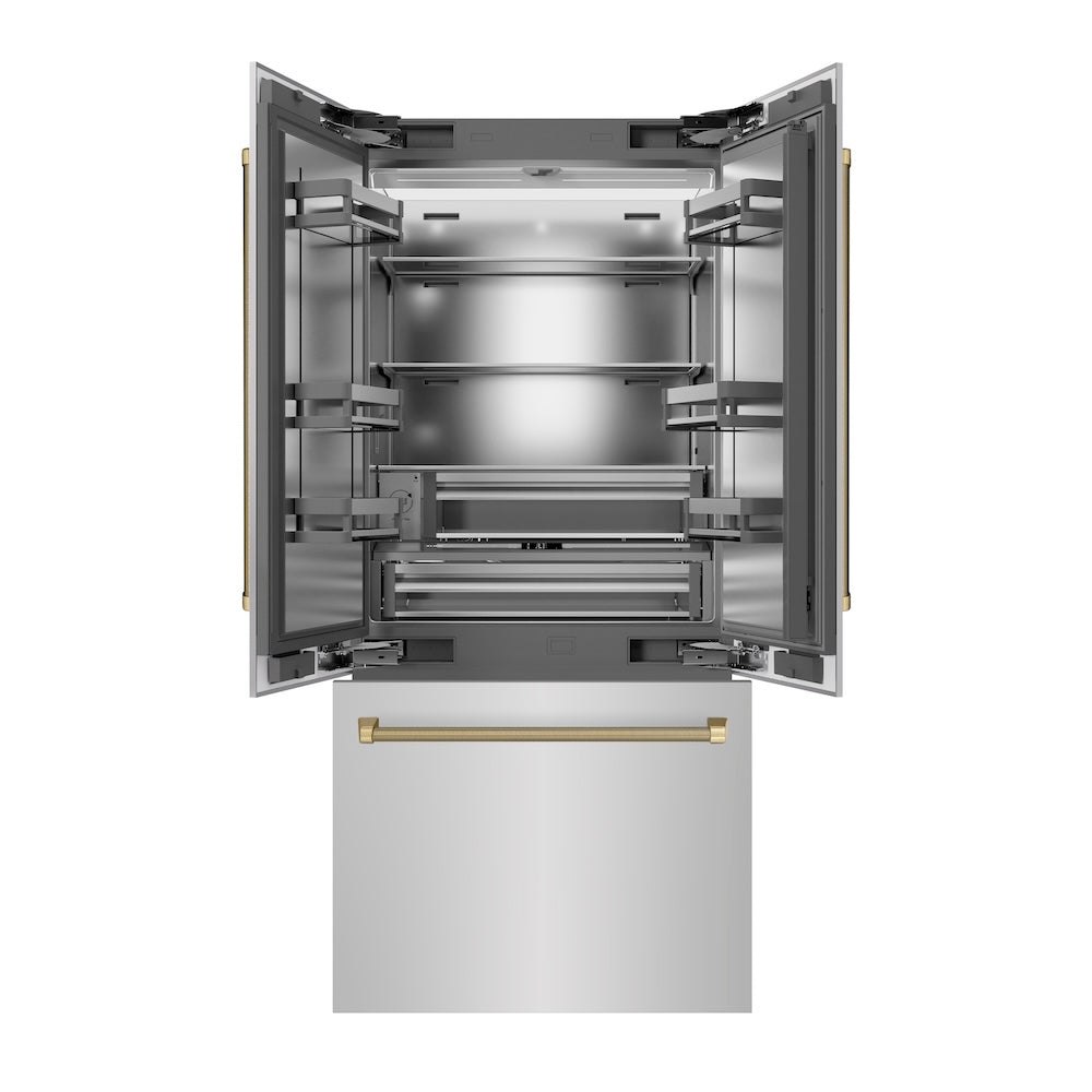 ZLINE Autograph Edition 36 in. 19.6 cu. ft. French Door Built-In Bottom Freezer Refrigerator with Water Dispenser and Ice Maker in Stainless Steel with Stainless Steel Interior and Champagne Bronze Helix Handles (SRBIVZ-30436KCB) front, refrigeration compartment and bottom freezer open.