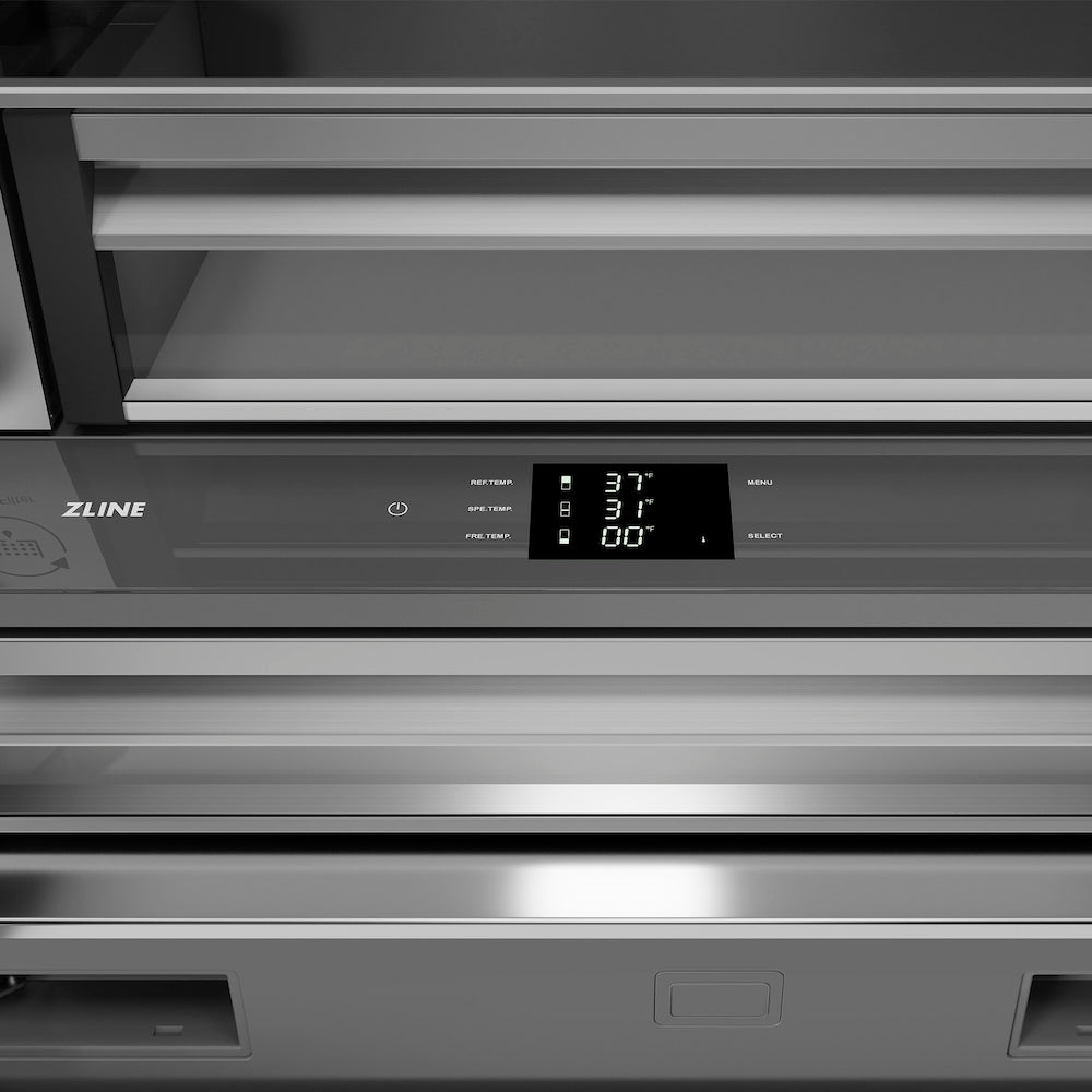ZLINE Autograph Edition 36 in. 19.6 cu. ft. French Door Built-In Bottom Freezer Refrigerator with Water Dispenser and Ice Maker in Stainless Steel with Stainless Steel Interior and Polished Gold Helix Handles (SRBIVZ-30436KG) digital touch panel controls.