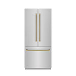 ZLINE Autograph Edition 36 in. 19.6 cu. ft. French Door Built-In Bottom Freezer Refrigerator with Water Dispenser and Ice Maker in Stainless Steel with Stainless Steel Interior and Polished Gold Helix Handles (SRBIVZ-30436KG) front, closed.