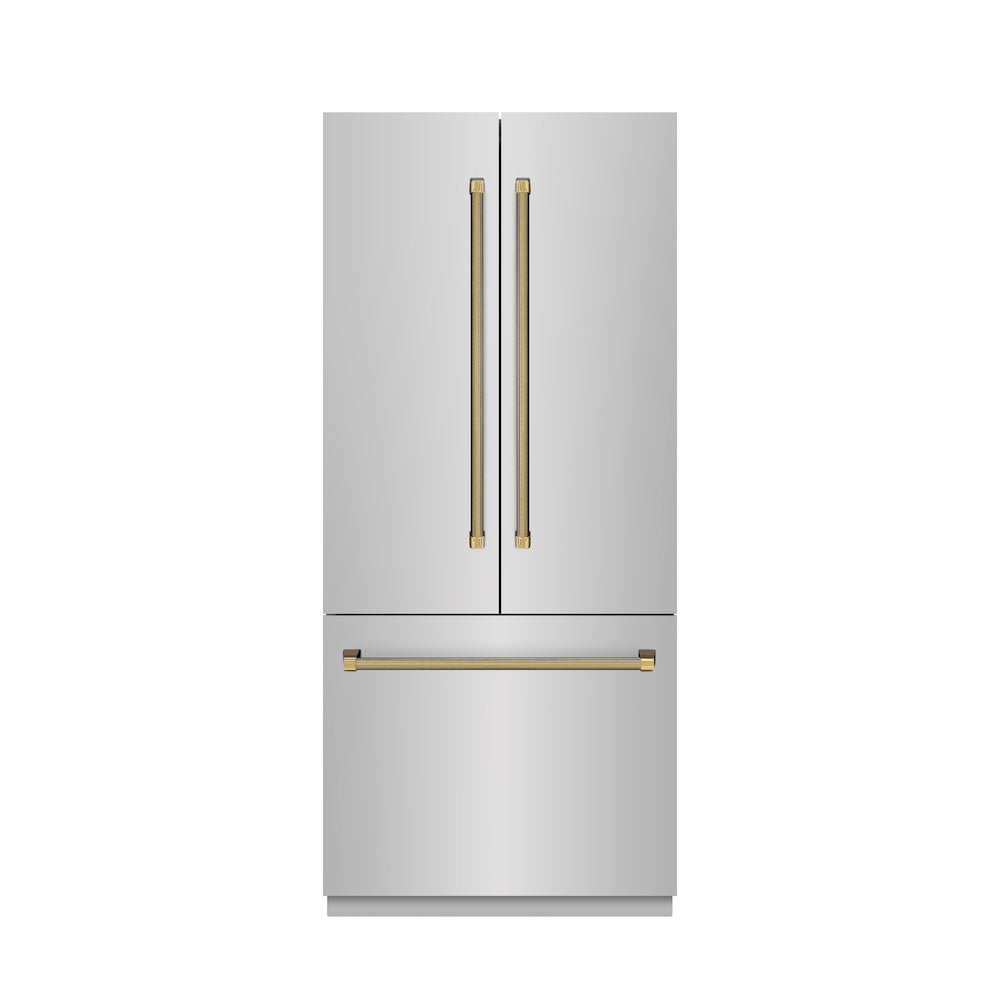ZLINE Autograph Edition 36 in. 19.6 cu. ft. French Door Built-In Bottom Freezer Refrigerator with Water Dispenser and Ice Maker in Stainless Steel with Stainless Steel Interior and Polished Gold Helix Handles (SRBIVZ-30436KG) front, closed.