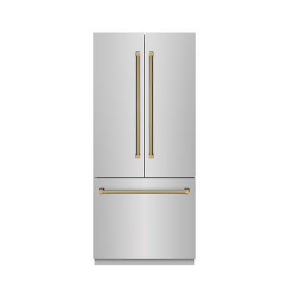 ZLINE Autograph Edition 36 in. 19.6 cu. ft. French Door Built-In Bottom Freezer Refrigerator with Water Dispenser and Ice Maker in Stainless Steel with Stainless Steel Interior and Polished Gold Helix Handles (SRBIVZ-30436KG) front, closed.