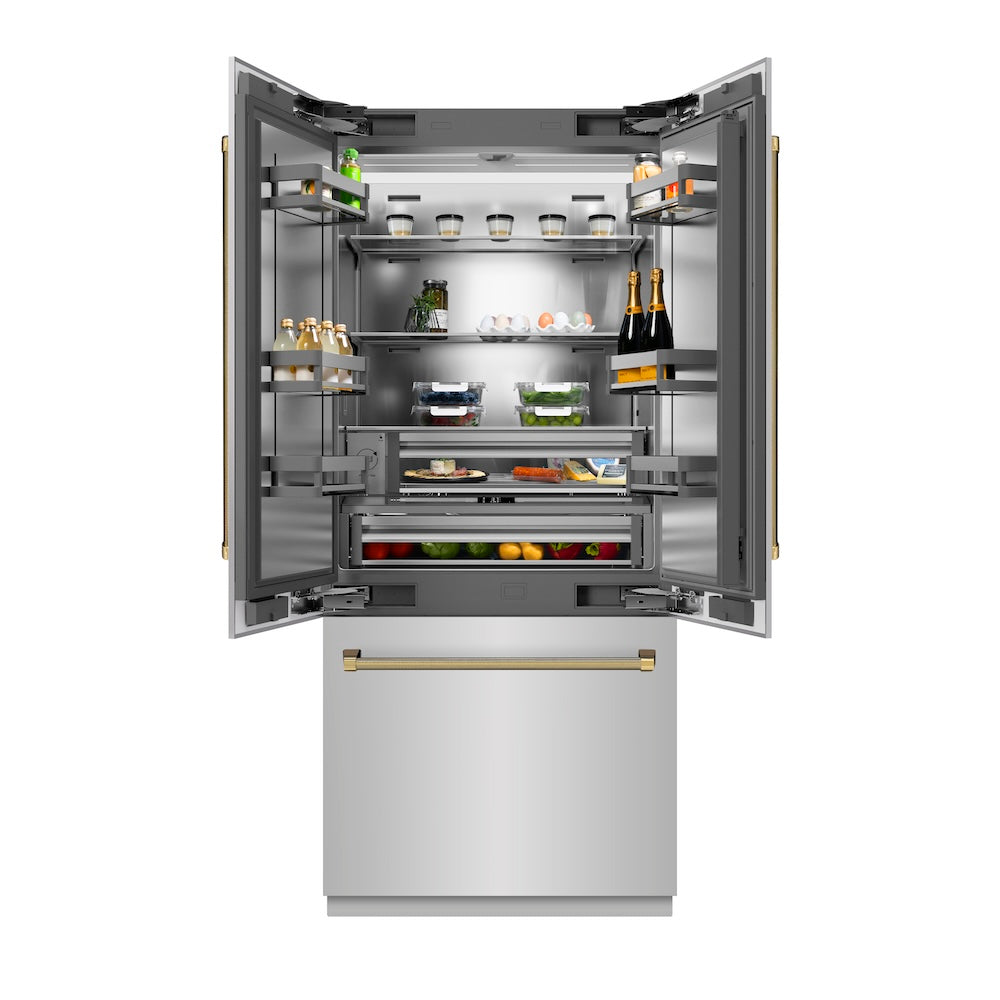ZLINE Autograph Edition 36 in. 19.6 cu. ft. French Door Built-In Bottom Freezer Refrigerator with Water Dispenser and Ice Maker in Stainless Steel with Stainless Steel Interior and Polished Gold Helix Handles (SRBIVZ-30436KG) front, open with various food and drink items on shelves and in door bins.