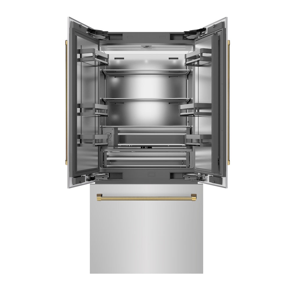ZLINE Autograph Edition 36 in. 19.6 cu. ft. French Door Built-In Bottom Freezer Refrigerator with Water Dispenser and Ice Maker in Stainless Steel with Stainless Steel Interior and Polished Gold Helix Handles (SRBIVZ-30436KG) front, refrigeration compartment and bottom freezer open.