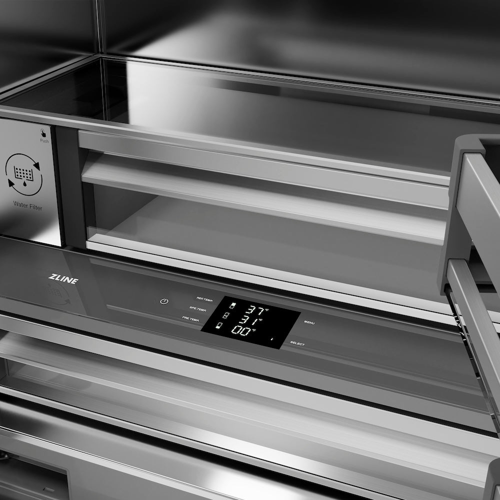 ZLINE Autograph Edition 36 in. 19.6 cu. ft. French Door Built-In Bottom Freezer Refrigerator with Water Dispenser and Ice Maker in Stainless Steel with Stainless Steel Interior and Polished Nickel Helix Handles (SRBIVZ-30436KPN) digital touch panel controls.