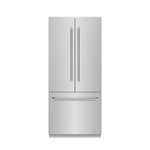 ZLINE Autograph Edition 36 in. 19.6 cu. ft. French Door Built-In Bottom Freezer Refrigerator with Water Dispenser and Ice Maker in Stainless Steel with Stainless Steel Interior and Polished Nickel Helix Handles (SRBIVZ-30436KPN) front, closed.