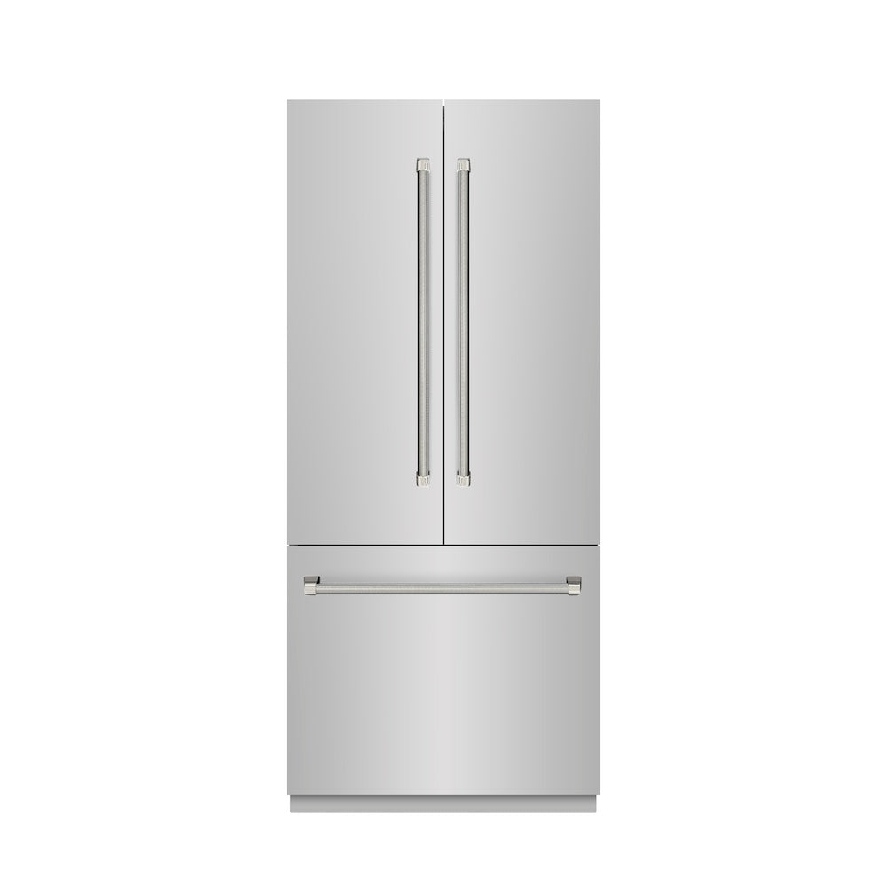 ZLINE Autograph Edition 36 in. 19.6 cu. ft. French Door Built-In Bottom Freezer Refrigerator with Water Dispenser and Ice Maker in Stainless Steel with Stainless Steel Interior and Polished Nickel Helix Handles (SRBIVZ-30436KPN) front, closed.