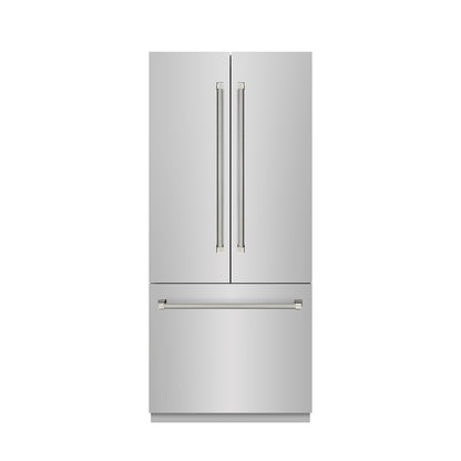 ZLINE Autograph Edition 36 in. 19.6 cu. ft. French Door Built-In Bottom Freezer Refrigerator with Water Dispenser and Ice Maker in Stainless Steel with Stainless Steel Interior and Polished Nickel Helix Handles (SRBIVZ-30436KPN) front, closed.