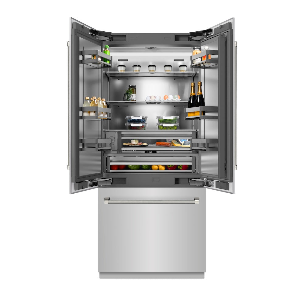 ZLINE Autograph Edition 36 in. 19.6 cu. ft. French Door Built-In Bottom Freezer Refrigerator with Water Dispenser and Ice Maker in Stainless Steel with Stainless Steel Interior and Polished Nickel Helix Handles (SRBIVZ-30436KPN) front, open with various food and drink items on shelves and in door bins.
