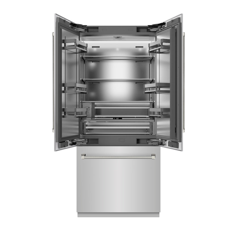 ZLINE Autograph Edition 36 in. 19.6 cu. ft. French Door Built-In Bottom Freezer Refrigerator with Water Dispenser and Ice Maker in Stainless Steel with Stainless Steel Interior and Polished Nickel Helix Handles (SRBIVZ-30436KPN) front, refrigeration compartment open.