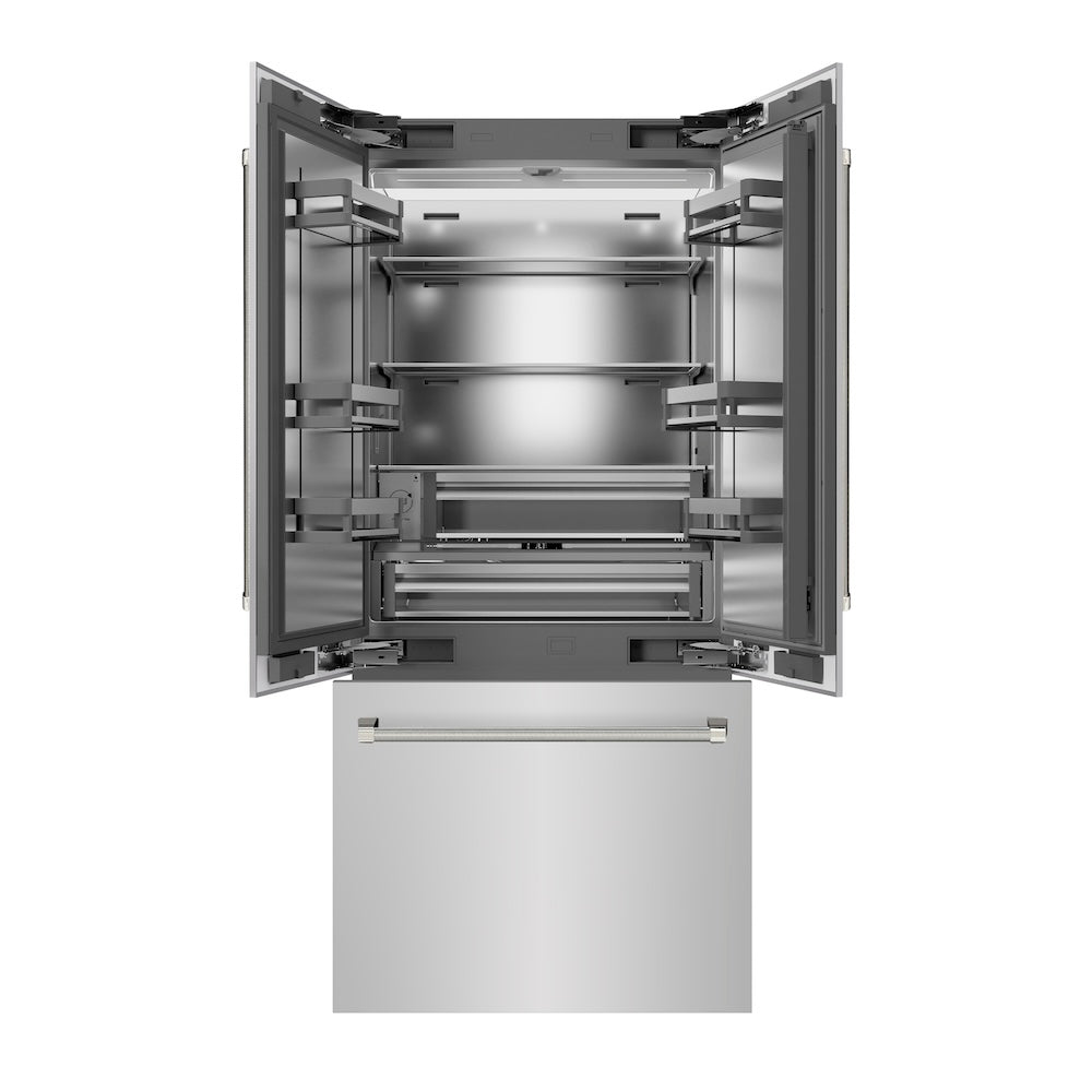 ZLINE Autograph Edition 36 in. 19.6 cu. ft. French Door Built-In Bottom Freezer Refrigerator with Water Dispenser and Ice Maker in Stainless Steel with Stainless Steel Interior and Polished Nickel Helix Handles (SRBIVZ-30436KPN) front, refrigeration compartment and bottom freezer open.
