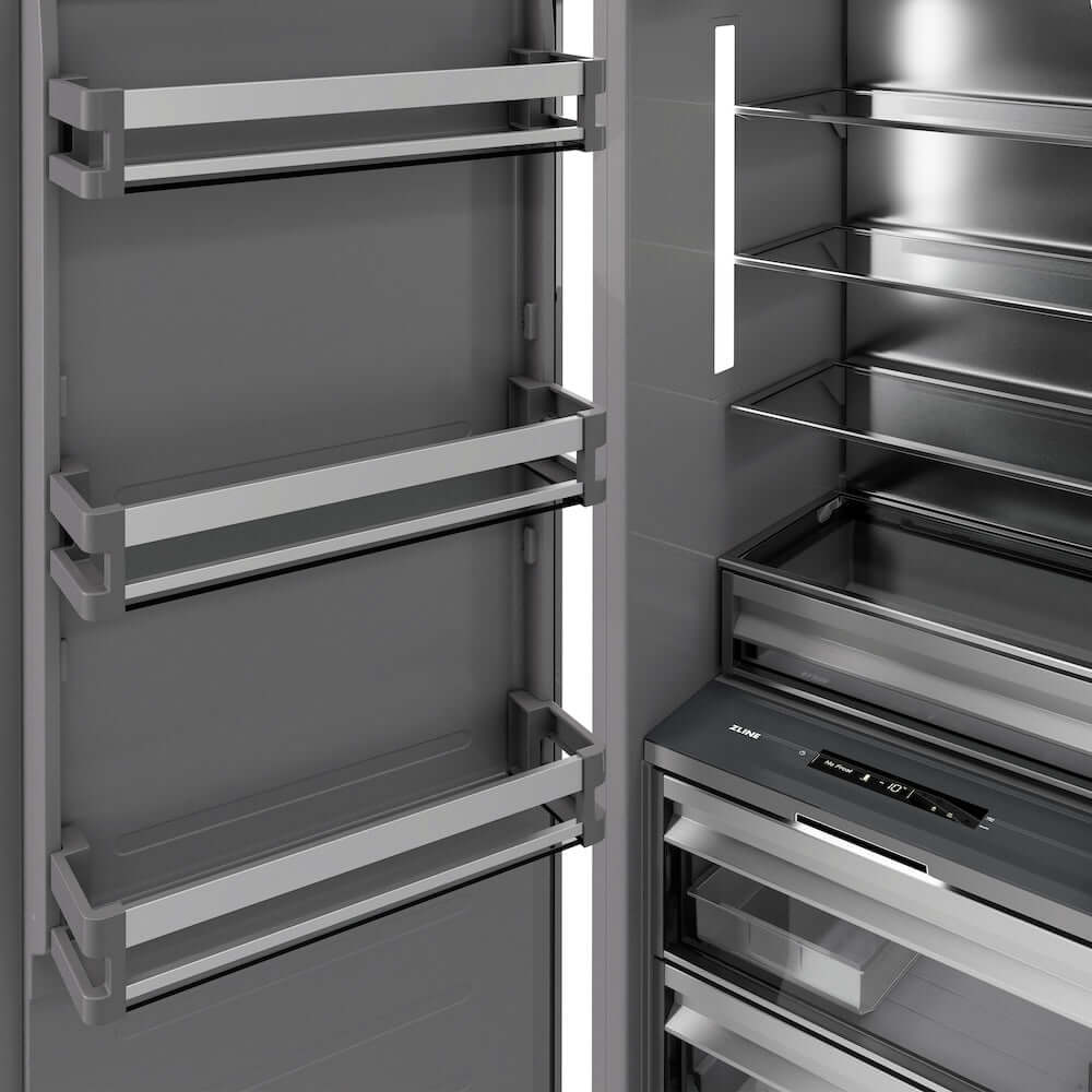 ZLINE 18 in. 8.6 cu. ft. Left Hinge Column Freezer in White Matte with Graphite Gray Interior (RCFVL-WM-18) close-up detail, door open.
