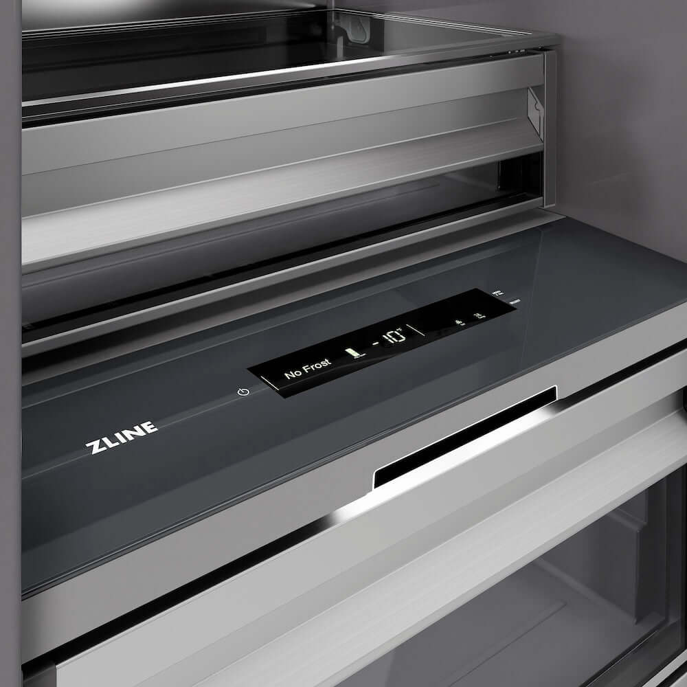 ZLINE 18 in. 8.6 cu. ft. Left Hinge Column Freezer in White Matte with Graphite Gray Interior (RCFVL-WM-18) closes-up detail, touch control panel and temperature display.