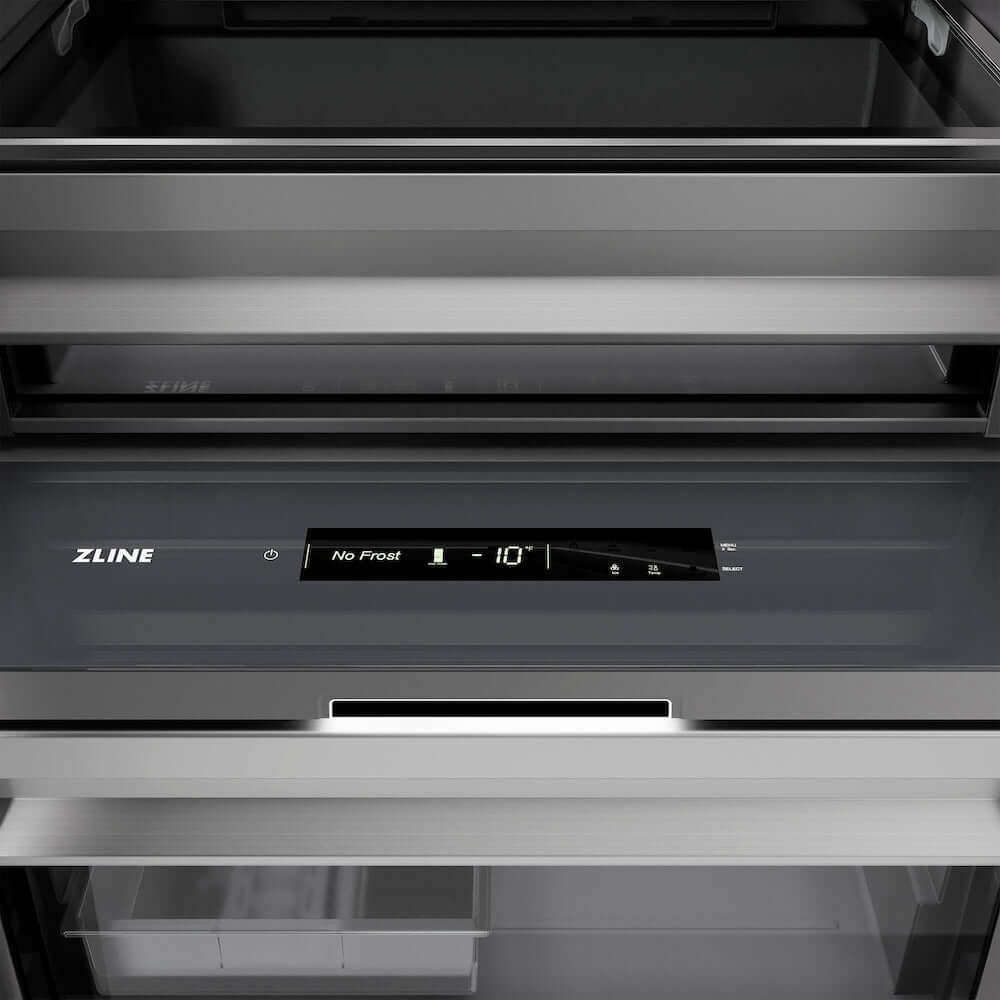 ZLINE 18 in. 8.6 cu. ft. Left Hinge Column Freezer in White Matte with Graphite Gray Interior (RCFVL-WM-18) closes-up detail, touch control panel and temperature display.
