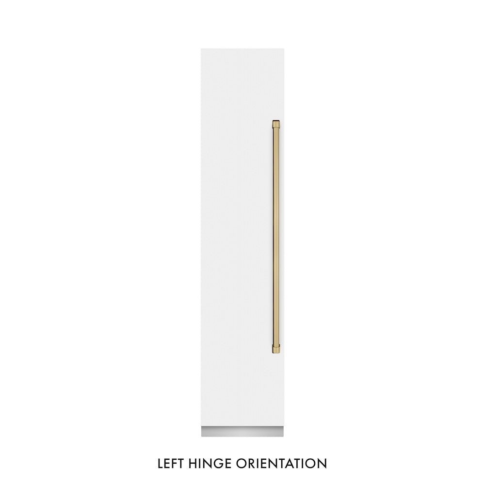ZLINE Autograph Edition 18 in. 8.6 cu. ft. Left Hinge Column Freezer in White Matte with Graphite Gray Interior and Champagne Bronze Accents (RCFVLZ-WM-18-CB) front, closed.