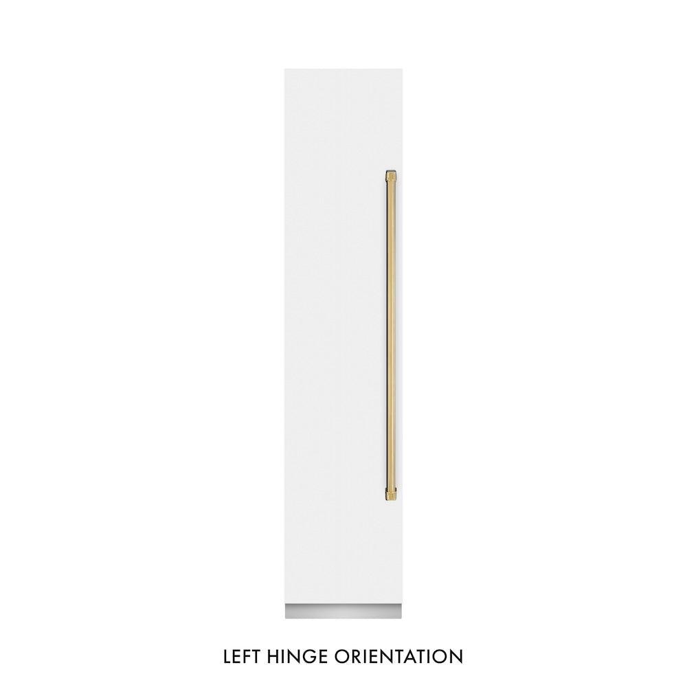ZLINE Autograph Edition 18 in. 8.6 cu. ft. Left Hinge Column Freezer in White Matte with Graphite Gray Interior and Polished Gold Accents (RCFVLZ-WM-18-G) front, closed.
