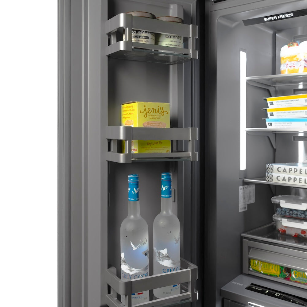 ZLINE Autograph Edition 18 in. 8.6 cu. ft. Left Hinge Column Freezer in White Matte with Graphite Gray Interior and Matte Black Accents (RCFVLZ-WM-18-MB) door open detail.