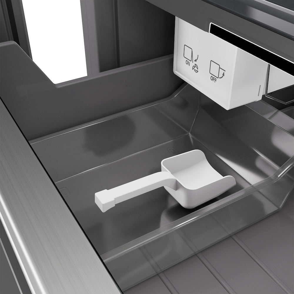 ZLINE Autograph Edition 18 in. 8.6 cu. ft. Left Hinge Column Freezer in White Matte with Graphite Gray Interior and Matte Black Accents (RCFVLZ-WM-18-MB) internal ice maker and scoop.