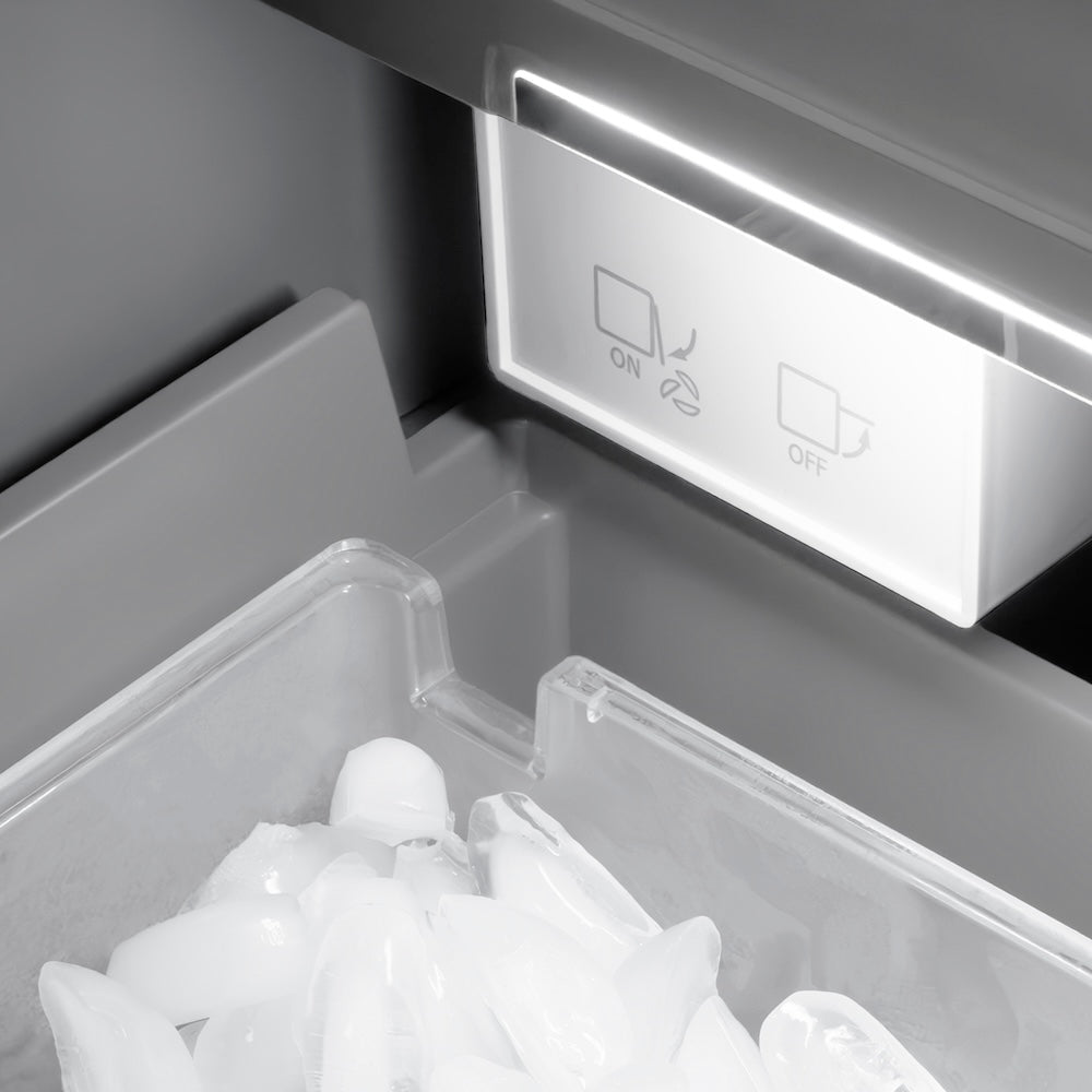 ZLINE Autograph Edition 18 in. 8.6 cu. ft. Left Hinge Column Freezer in White Matte with Graphite Gray Interior and Matte Black Accents (RCFVLZ-WM-18-MB) internal ice maker and scoop.