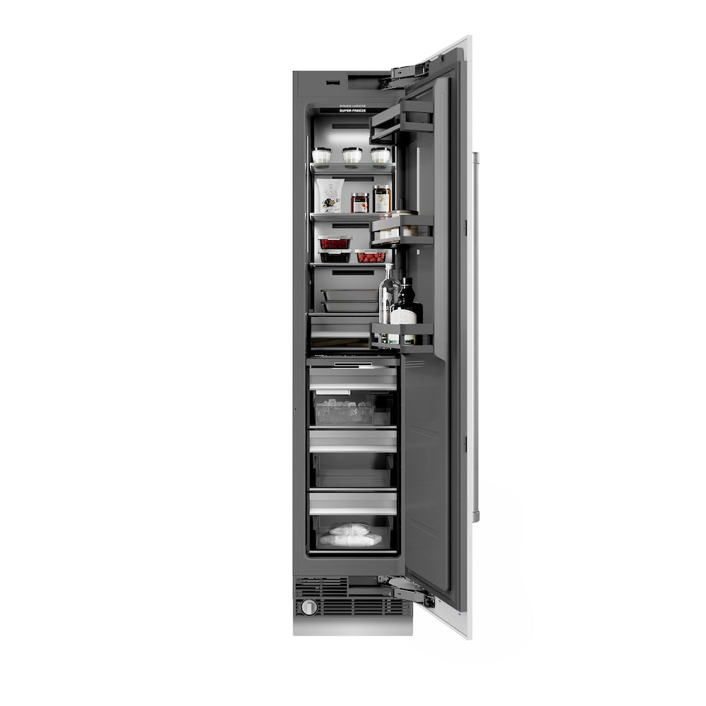 ZLINE 18 in. 8.6 cu. ft. Right Hinge Column Freezer in White Matte with Graphite Gray Interior (RCFVR-WM-18) front, open, with food inside.