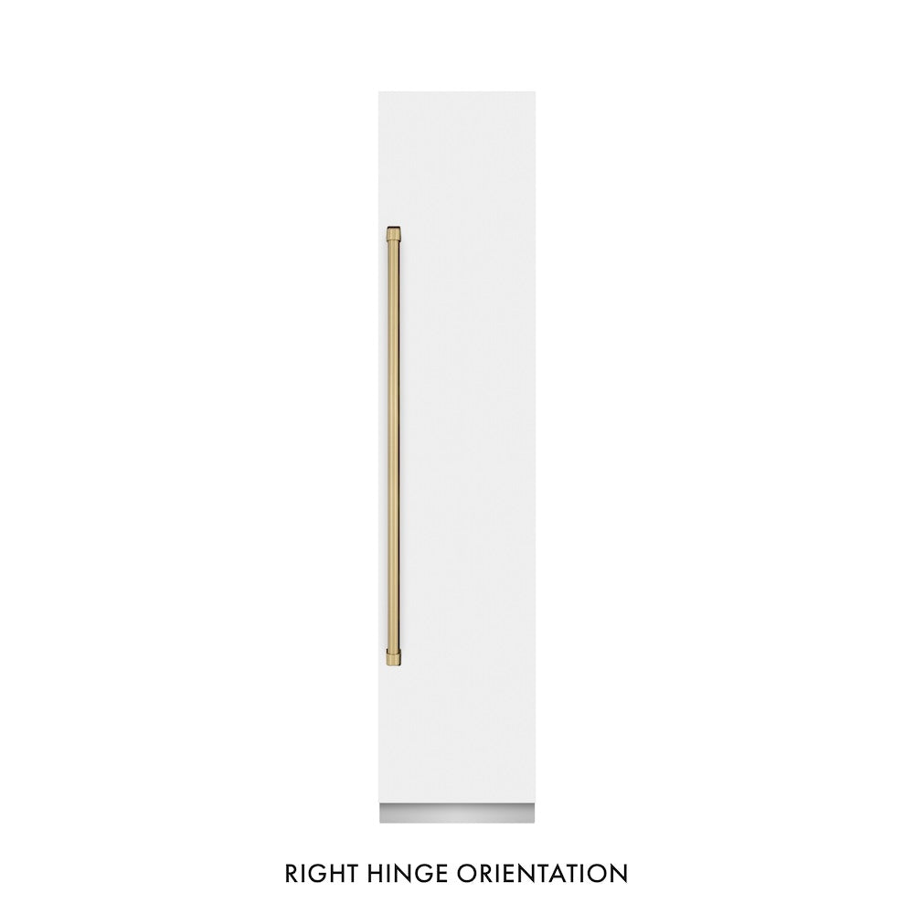ZLINE Autograph Edition 18 in. 8.6 cu. ft. Right Hinge Column Freezer in White Matte with Graphite Gray Interior and Champagne Bronze Accents (RCFVRZ-WM-18-CB) front, closed.