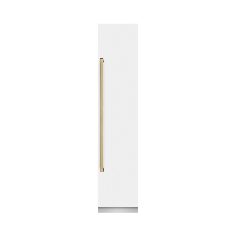 ZLINE Autograph Edition 18 in. 8.6 cu. ft. Right Hinge Column Freezer in White Matte with Graphite Gray Interior and Champagne Bronze Accents (RCFVRZ-WM-18-CB) front, closed.