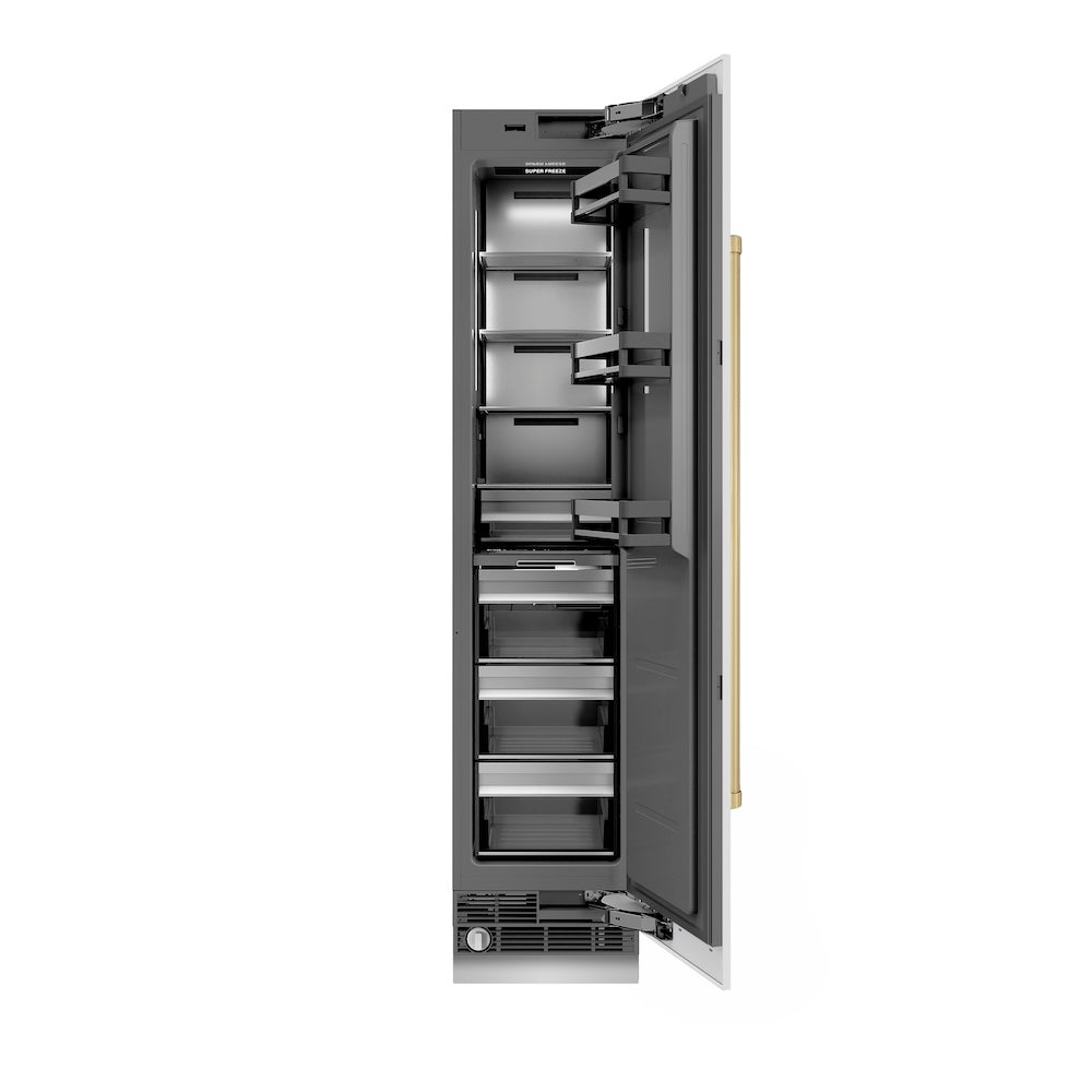 ZLINE Autograph Edition 18 in. 8.6 cu. ft. Right Hinge Column Freezer in White Matte with Graphite Gray Interior and Champagne Bronze Accents (RCFVRZ-WM-18-CB) front, open.
