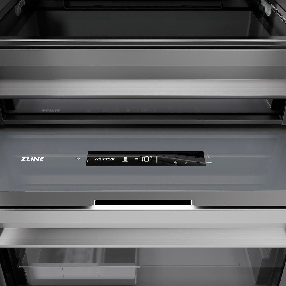 ZLINE Autograph Edition 18 in. 8.6 cu. ft. Right Hinge Column Freezer in White Matte with Graphite Gray Interior and Polished Gold Accents (RCFVRZ-WM-18-G) touch controls and display.