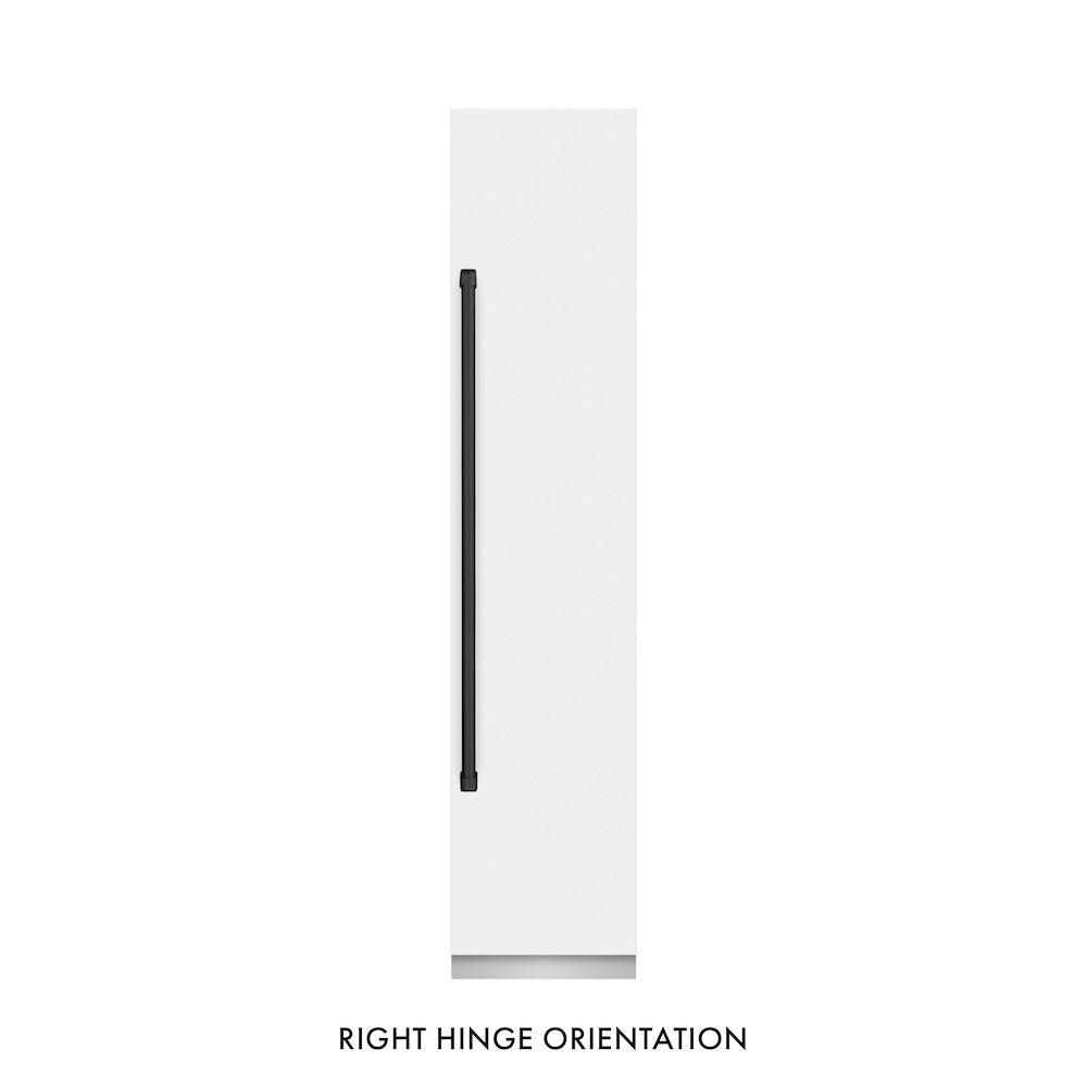 ZLINE Autograph Edition 18 in. 8.6 cu. ft. Right Hinge Column Freezer in White Matte with Graphite Gray Interior and Matte Black Accents (RCFVRZ-WM-18-MB) front, closed.