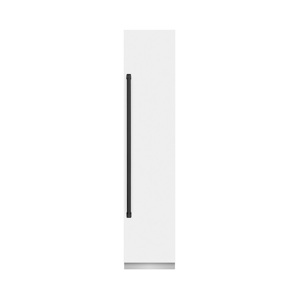 ZLINE Autograph Edition 18 in. 8.6 cu. ft. Right Hinge Column Freezer in White Matte with Graphite Gray Interior and Matte Black Accents (RCFVRZ-WM-18-MB) front, closed.