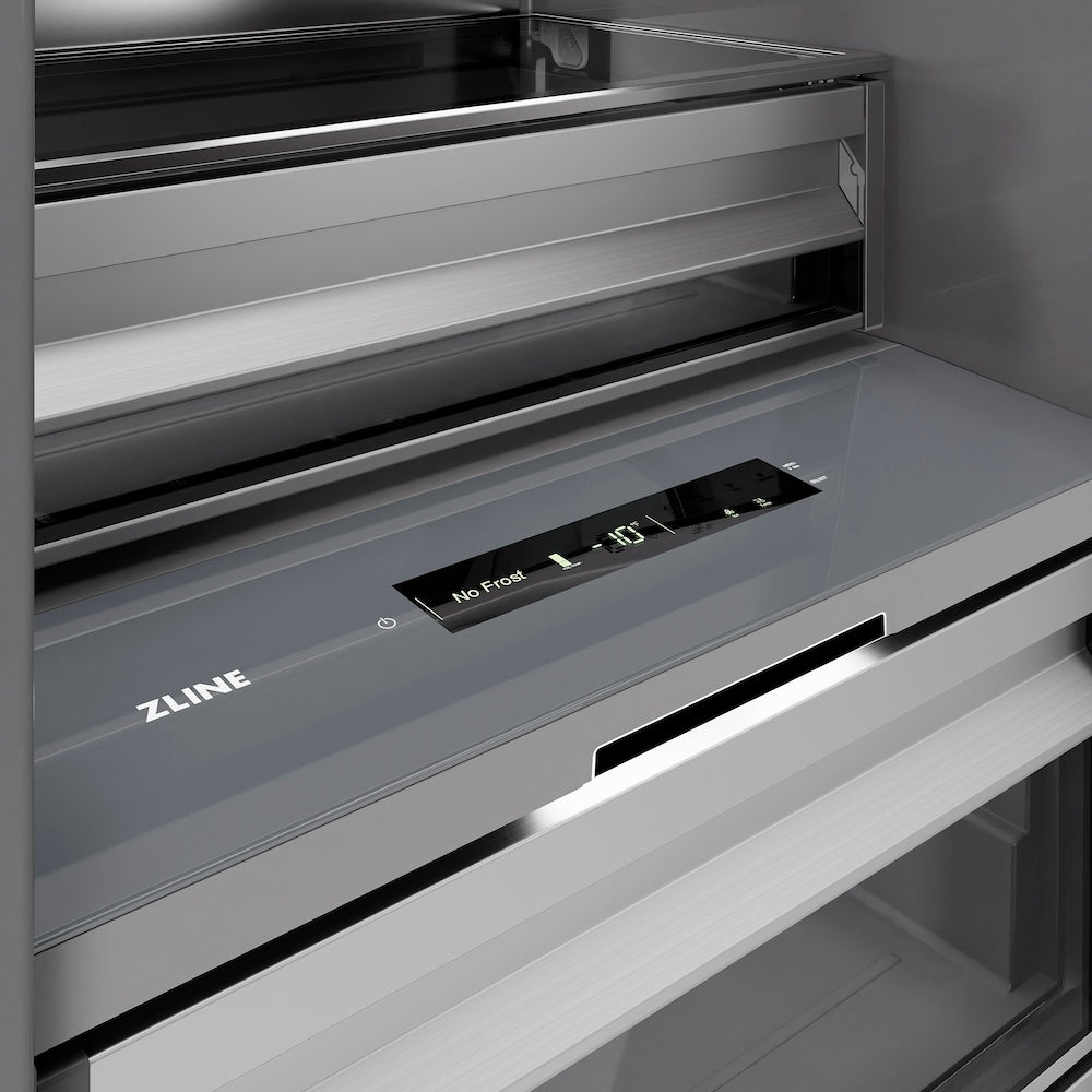 ZLINE Autograph Edition 24 in. 12.4 cu. ft. Column Freezer in White Matte with Graphite Gray Interior and Champagne Bronze Accents (RCFVZ-WM-24-CB) touch controls and display.