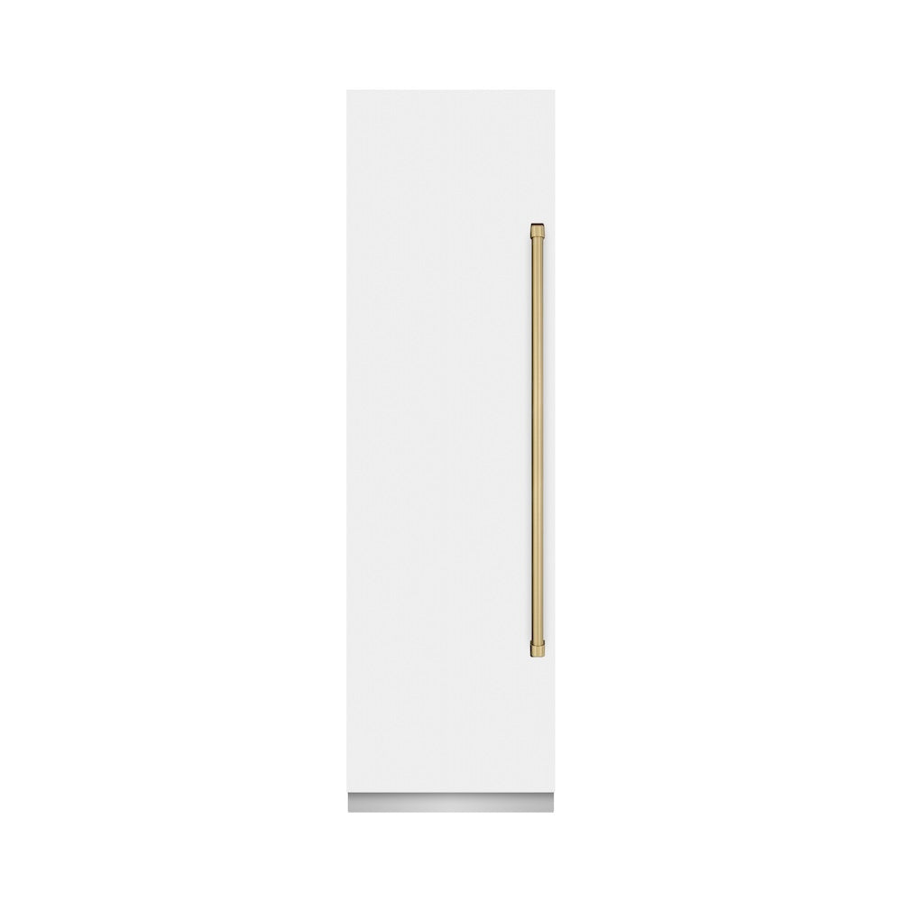 ZLINE Autograph Edition 24 in. 12.4 cu. ft. Column Freezer in White Matte with Graphite Gray Interior and Champagne Bronze Accents (RCFVZ-WM-24-CB) front, closed.
