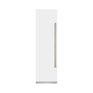 ZLINE Autograph Edition 24 in. 12.4 cu. ft. Column Freezer in White Matte with Graphite Gray Interior and Champagne Bronze Accents (RCFVZ-WM-24-CB) front, closed.