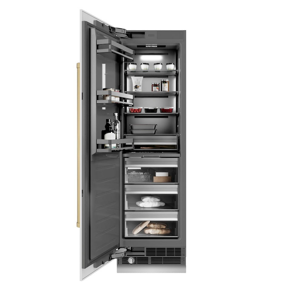 ZLINE Autograph Edition 24 in. 12.4 cu. ft. Column Freezer in White Matte with Graphite Gray Interior and Champagne Bronze Accents (RCFVZ-WM-24-CB) front, open, with food inside.