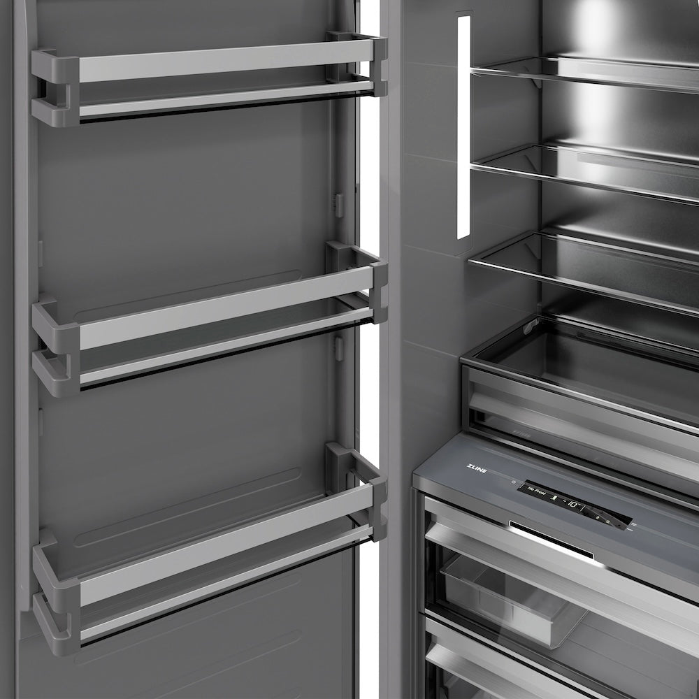 ZLINE Autograph Edition 24 in. 12.4 cu. ft. Column Freezer in White Matte with Graphite Gray Interior and Polished Gold Accents (RCFVZ-WM-24-G) door open detail.