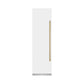 ZLINE Autograph Edition 24 in. 12.4 cu. ft. Column Freezer in White Matte with Graphite Gray Interior and Polished Gold Accents (RCFVZ-WM-24-G) front, closed.